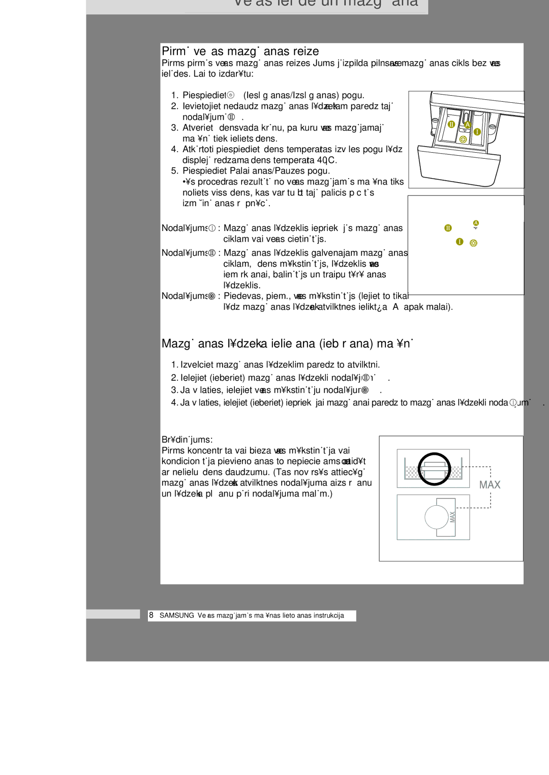 Samsung WF6522S4V/YLR manual PirmÇ veas mazgÇ‰anas reize, MazgÇ‰anas l¥dzeka ielie‰ana iebïr‰ana ma‰¥nÇ, Br¥dinÇjums 