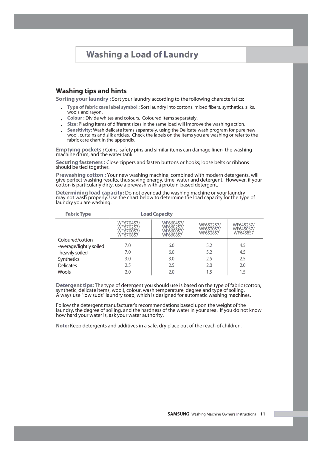 Samsung WF6602S7CF/YL, WF6702S7CF/YL manual Washing tips and hints, Fabric Type Load Capacity 