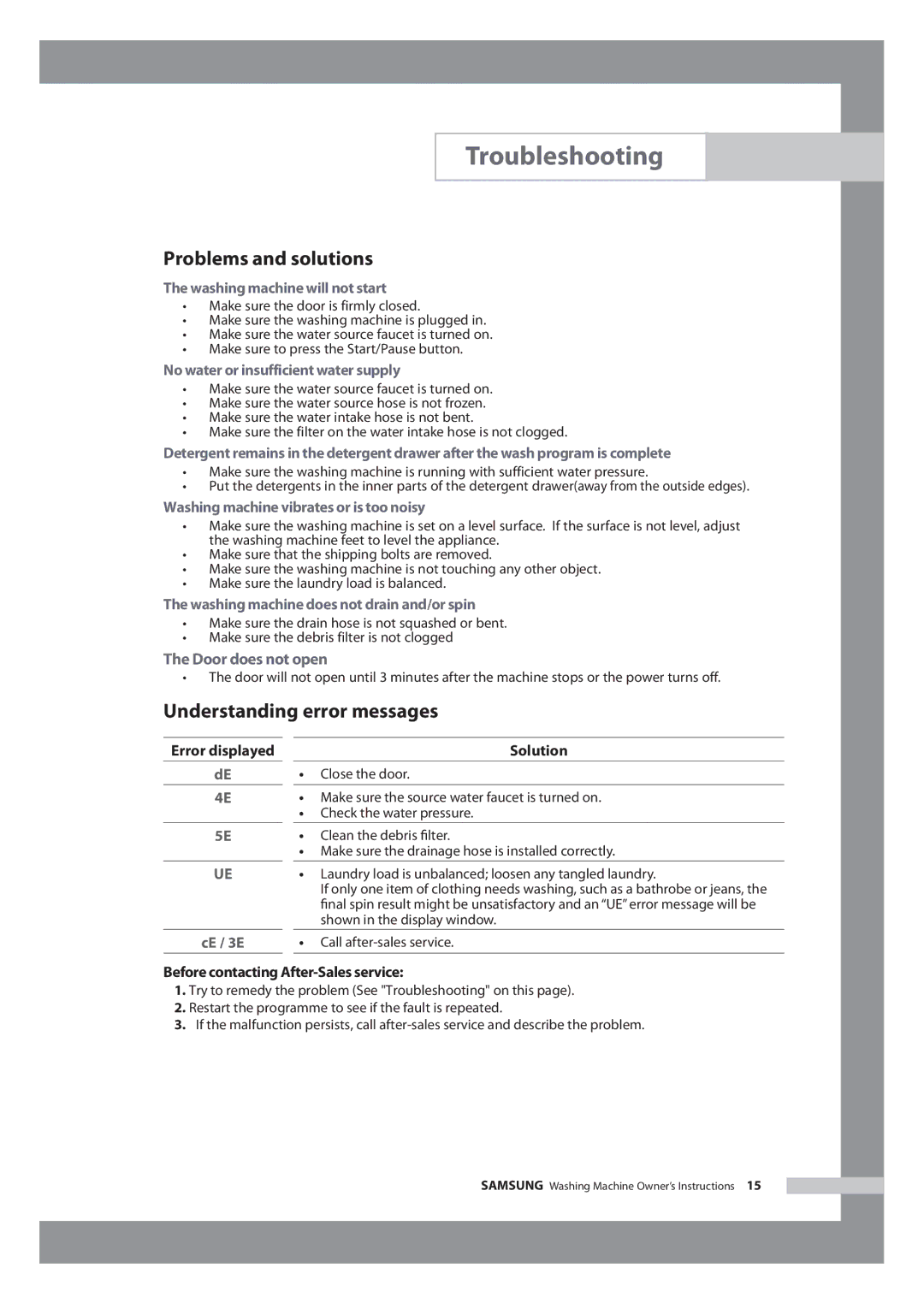 Samsung WF6602S7CF/YL, WF6702S7CF/YL manual Troubleshooting, Problems and solutions, Understanding error messages 