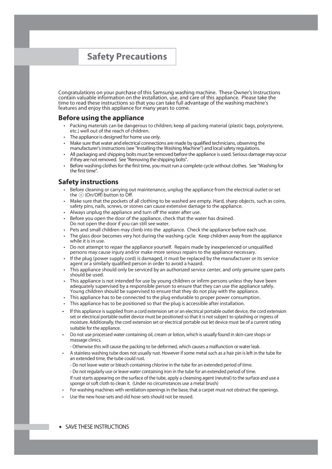 Samsung WF6702S7CF/YL, WF6602S7CF/YL manual Safety Precautions, Before using the appliance, Safety instructions 