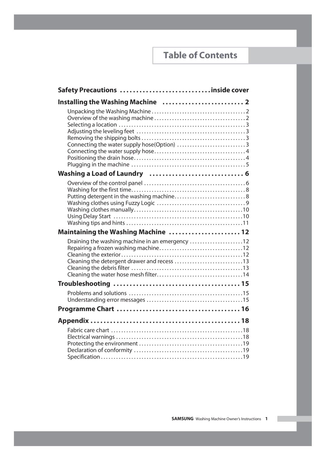 Samsung WF6602S7CF/YL, WF6702S7CF/YL manual Table of Contents 