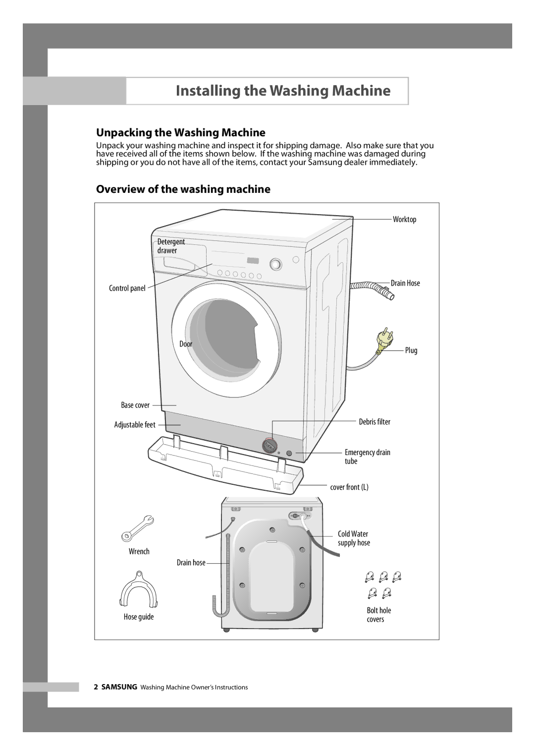 Samsung WF6702S7CF/YL manual Installing the Washing Machine, Unpacking the Washing Machine, Overview of the washing machine 