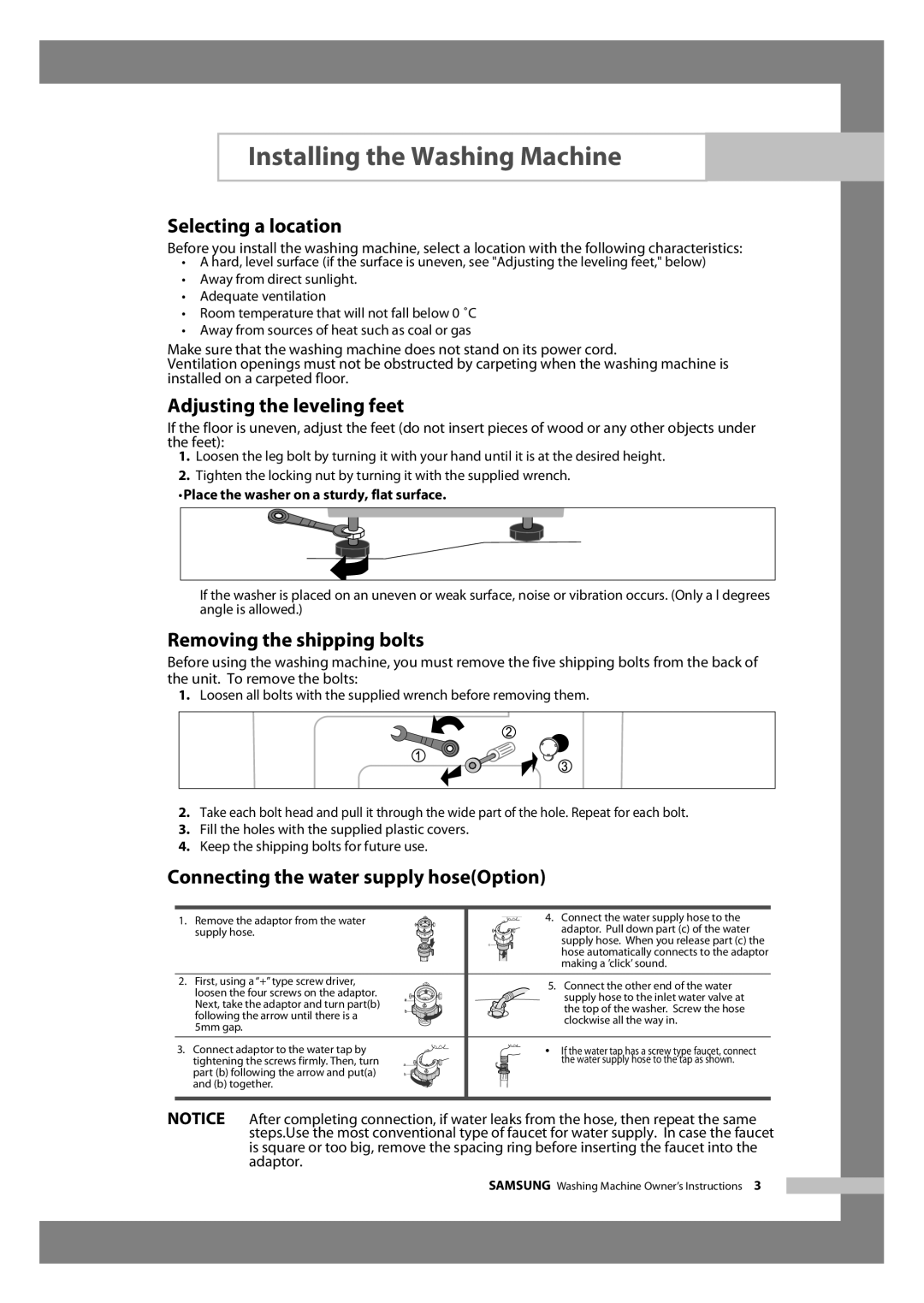 Samsung WF6602S7CF/YL, WF6702S7CF/YL manual Selecting a location, Adjusting the leveling feet, Removing the shipping bolts 