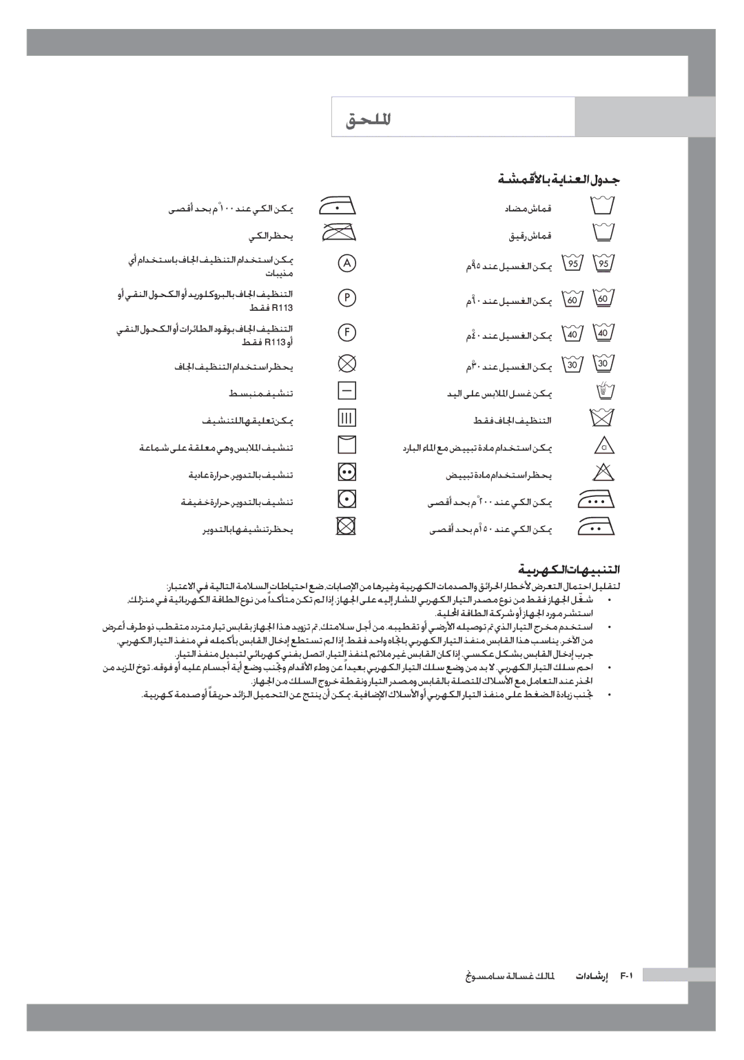 Samsung WF6702S7CF/YL manual قحللما, ةشمقلأاب ةيانعلا لودج, ةيبرهكلا تاهيبنتلا, ةيللمحا ةقاطلا ةكرشوأ زاهلجا درومرشتسا 