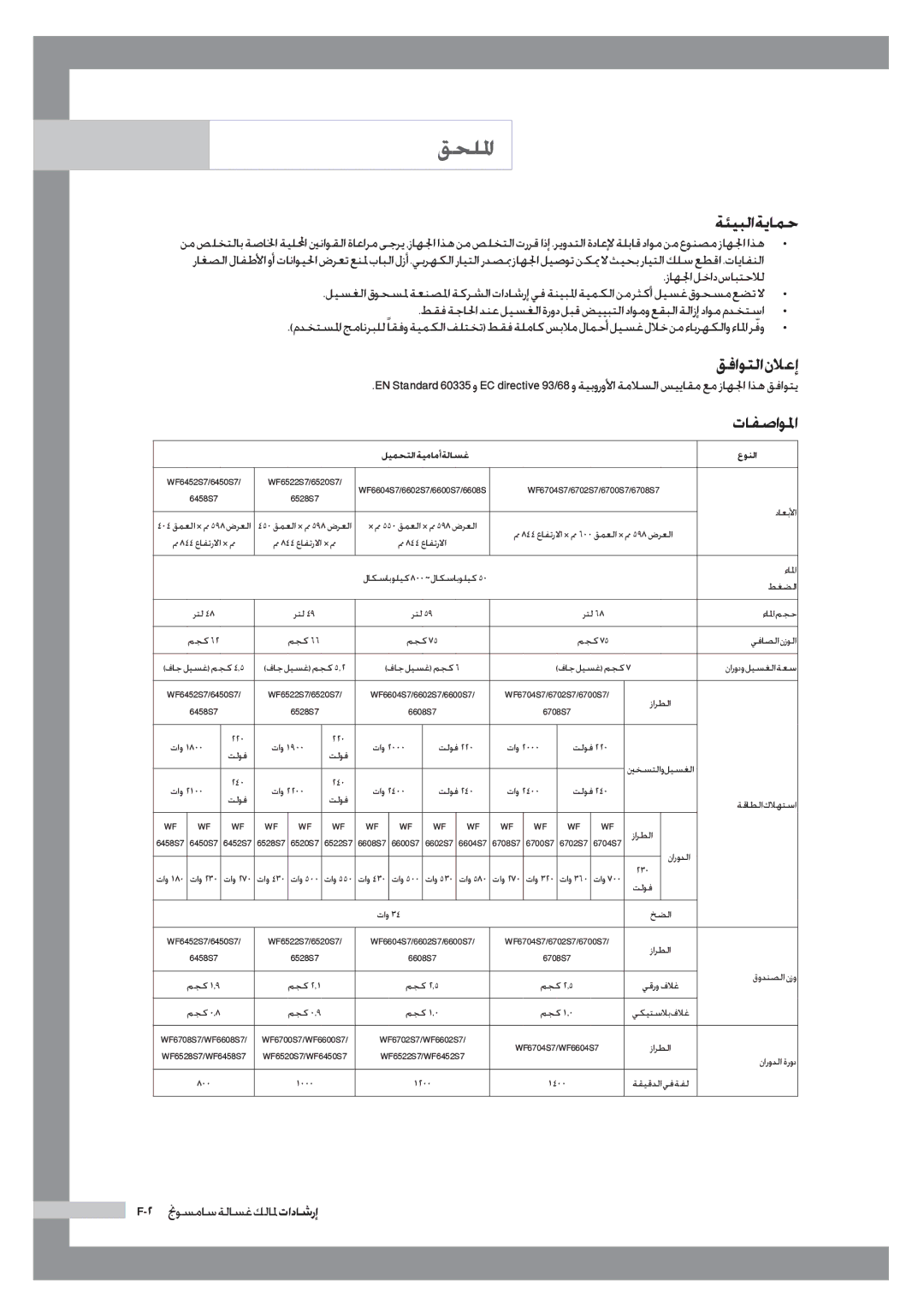 Samsung WF6602S7CF/YL, WF6702S7CF/YL manual ةئيبلا ةيامح, قفاوتلا نلاعإ, تافصاولما 