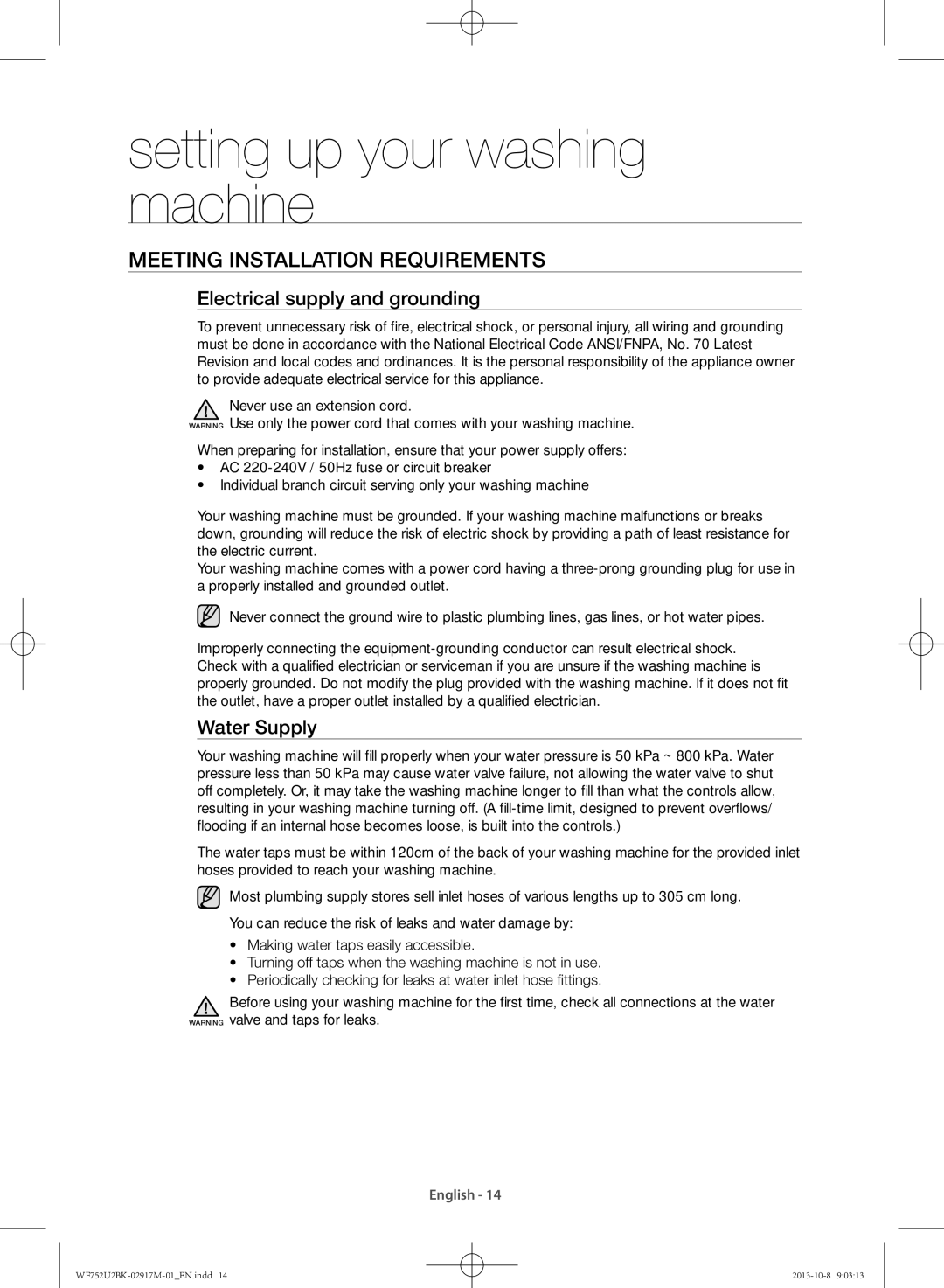 Samsung WF692U0BKWQ/SV, WF752U2BKWQ/SV Meeting installation requirements, Electrical supply and grounding, Water Supply 