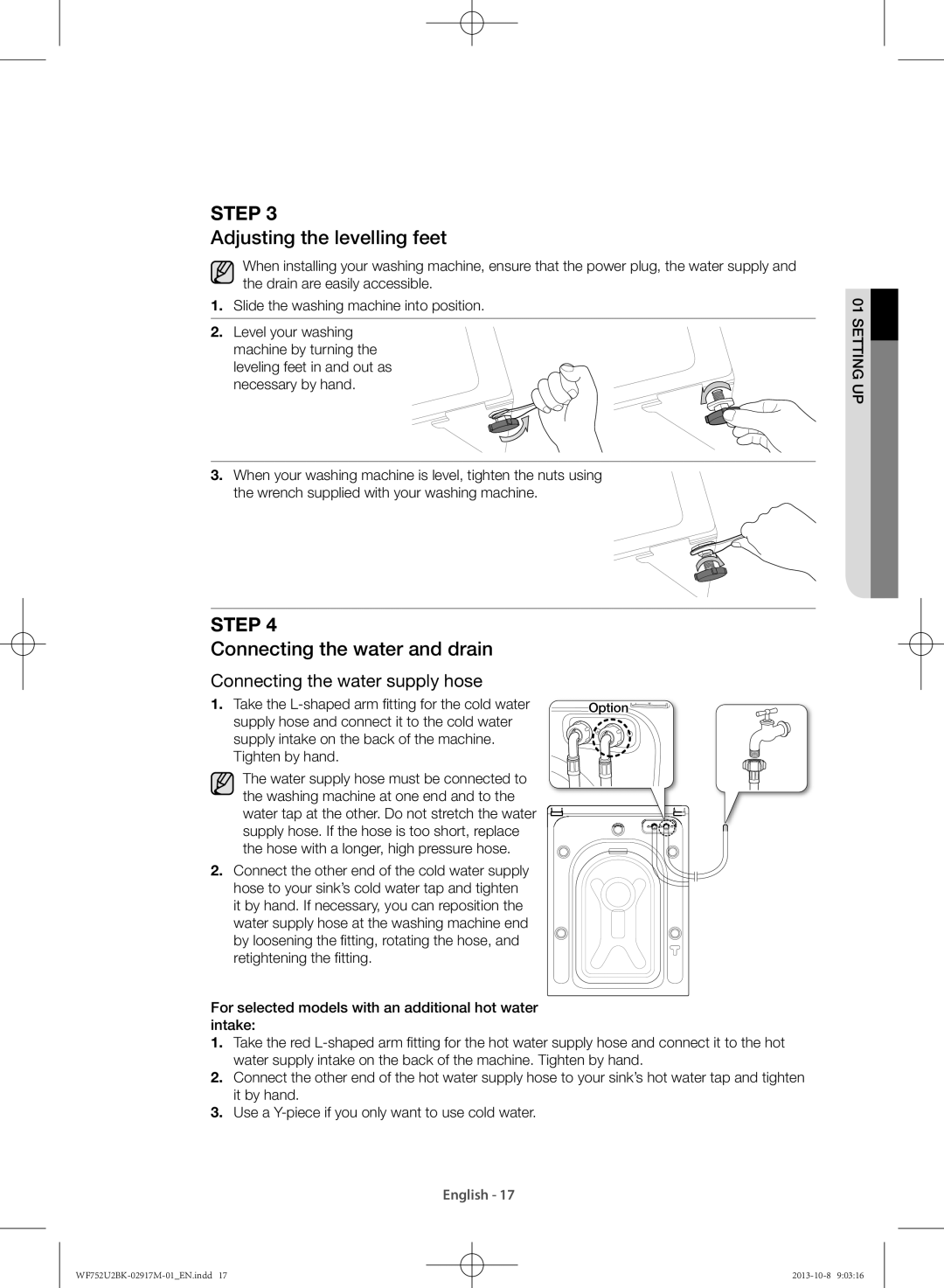 Samsung WF752U2BKWQ/SV, WF692U0BKWQ/SV manual Adjusting the levelling feet, Connecting the water and drain 