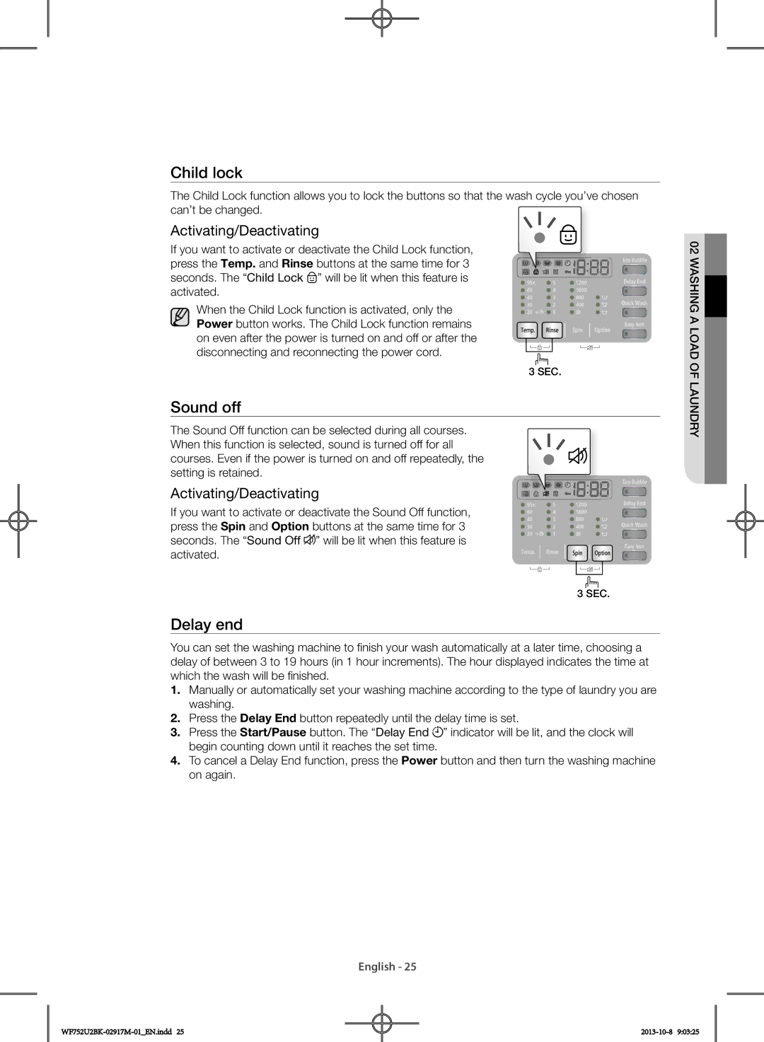 Samsung WF752U2BKWQ/SV, WF692U0BKWQ/SV manual Sound off, Activating/Deactivating 