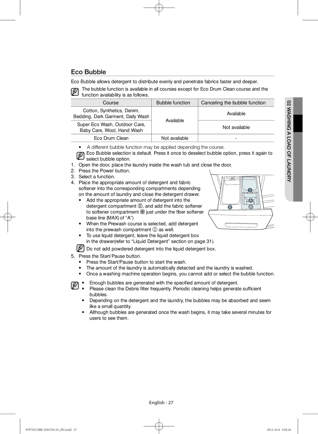 Samsung WF752U2BKWQ/SV, WF692U0BKWQ/SV manual Eco Bubble, Course Bubble function Canceling the bubble function 