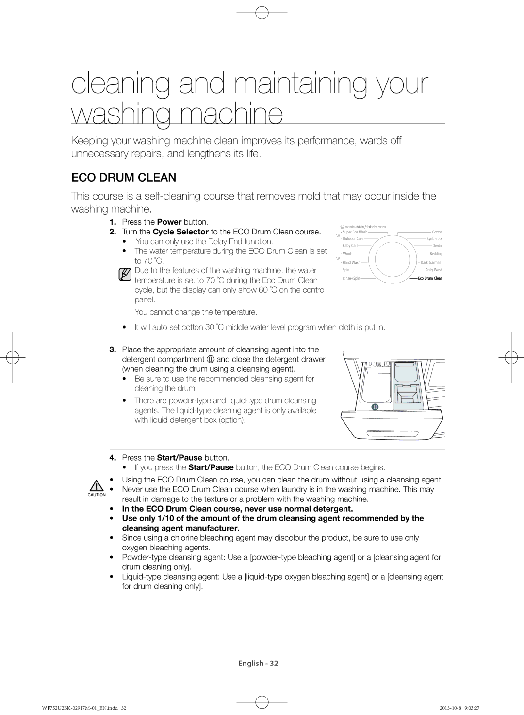 Samsung WF692U0BKWQ/SV, WF752U2BKWQ/SV manual Cleaning and maintaining your washing machine, Eco drum clean 