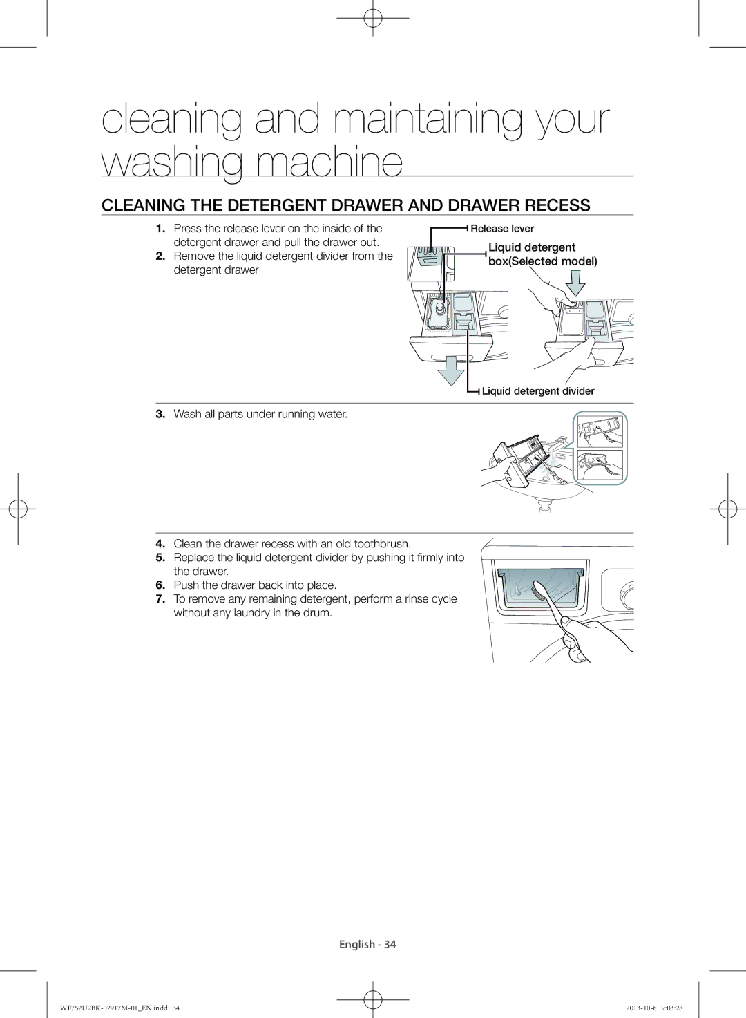 Samsung WF692U0BKWQ/SV, WF752U2BKWQ/SV manual Cleaning the detergent drawer and drawer recess 