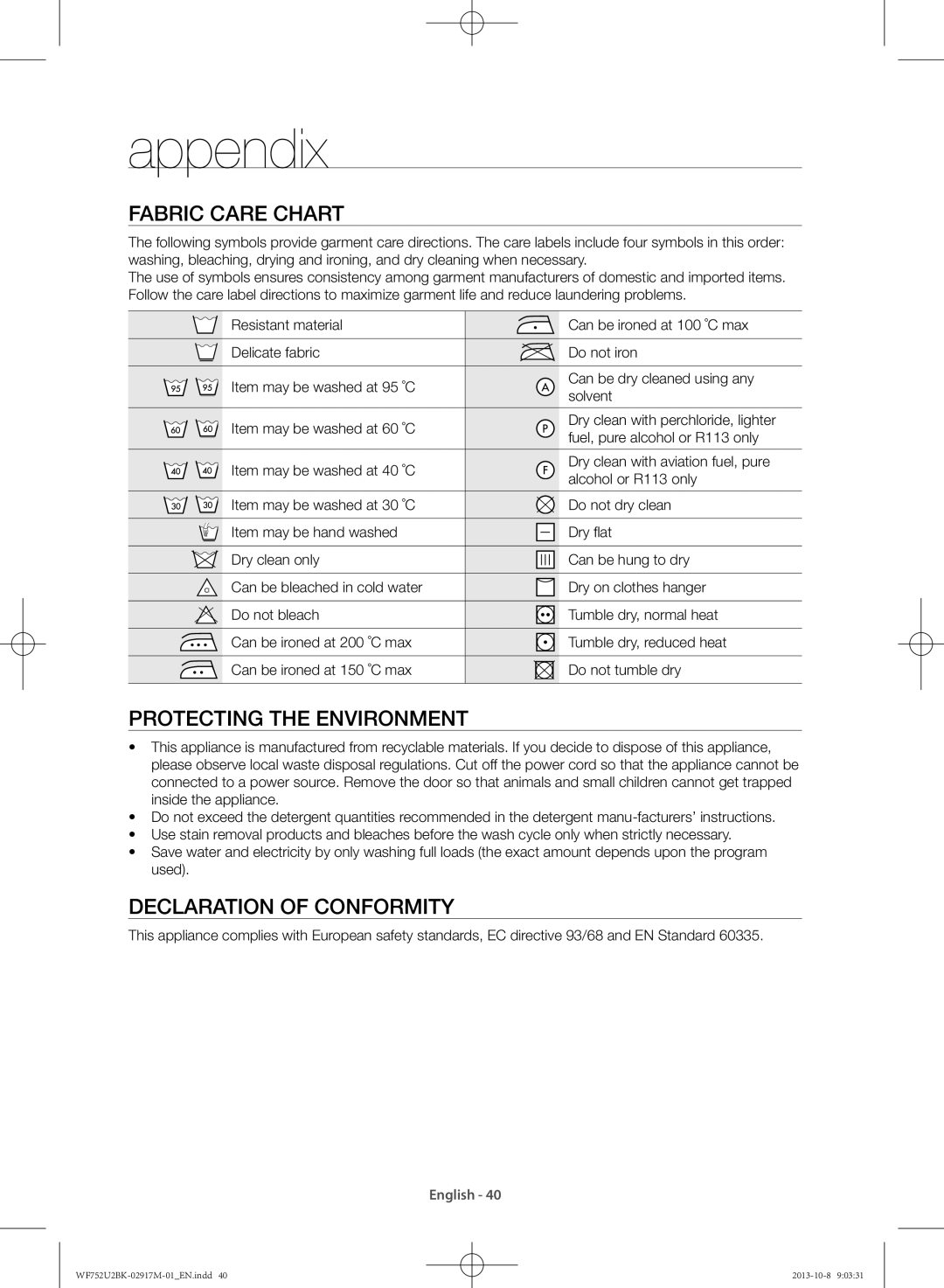 Samsung WF692U0BKWQ/SV, WF752U2BKWQ/SV Appendix, Fabric care chart, Protecting the environment, Declaration of conformity 