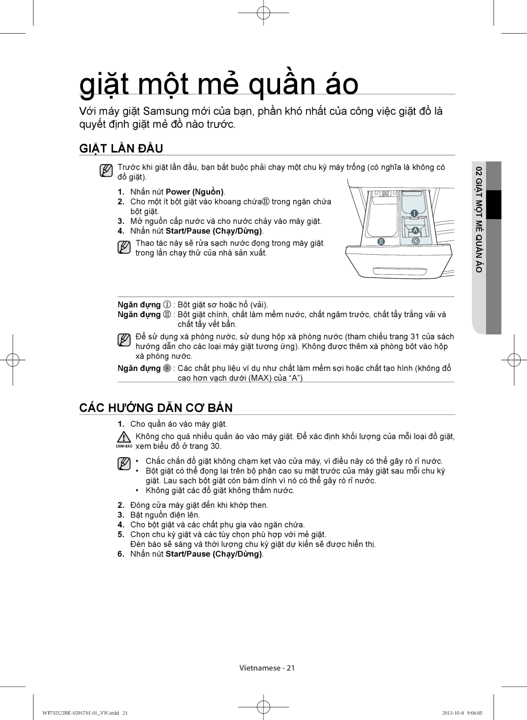 Samsung WF752U2BKWQ/SV, WF692U0BKWQ/SV manual Giặt một mẻ quần áo, Giặt lần đầu, Các hướng dẫn cơ bản 