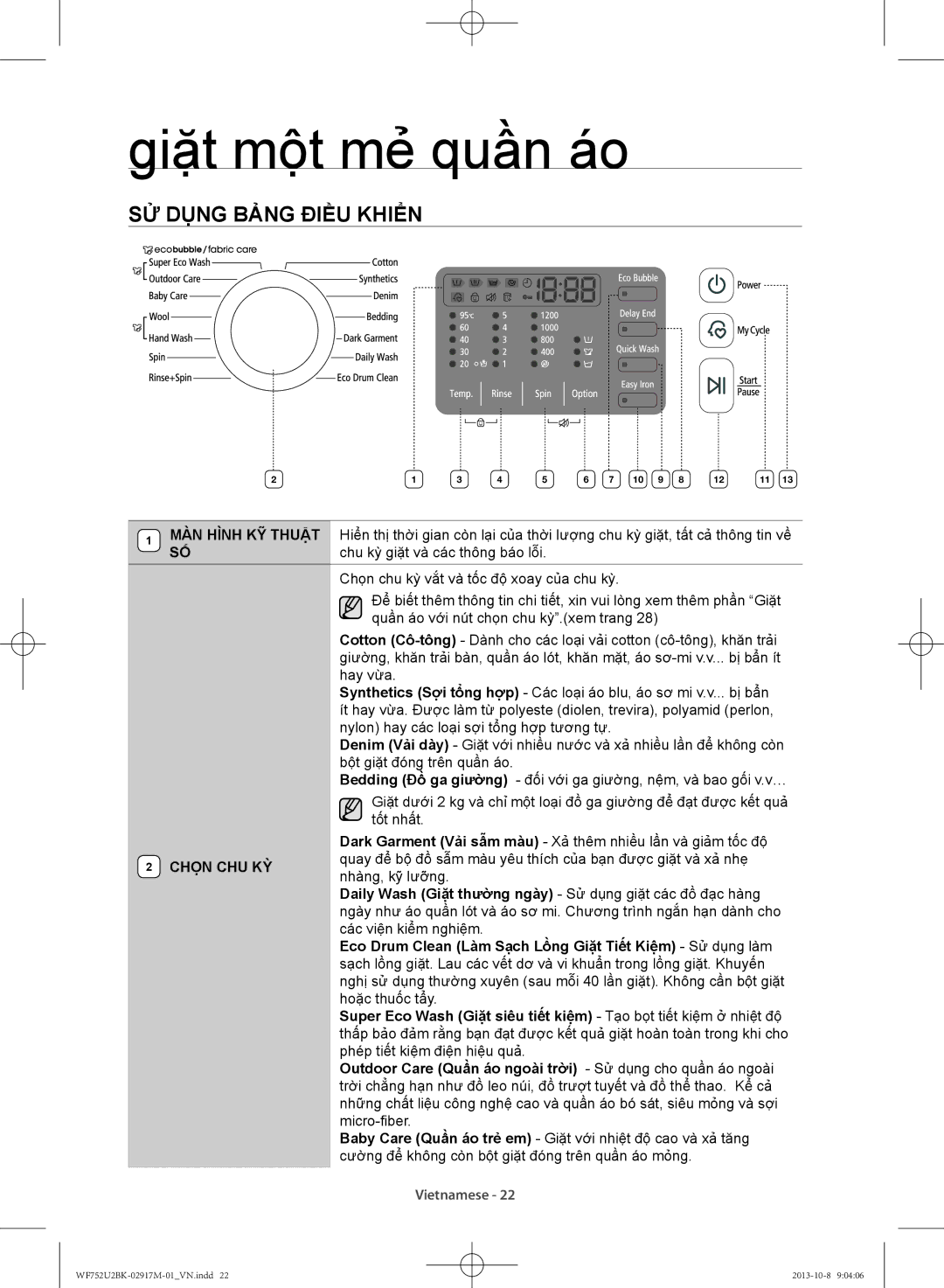 Samsung WF692U0BKWQ/SV, WF752U2BKWQ/SV manual Sử dụng bảng điều khiển 