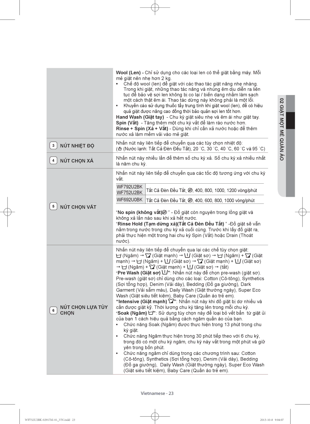 Samsung WF752U2BKWQ/SV, WF692U0BKWQ/SV manual NÚT Nhiệt ĐỘ, NÚT Chọn XẢ, NÚT Chọn VẮT 