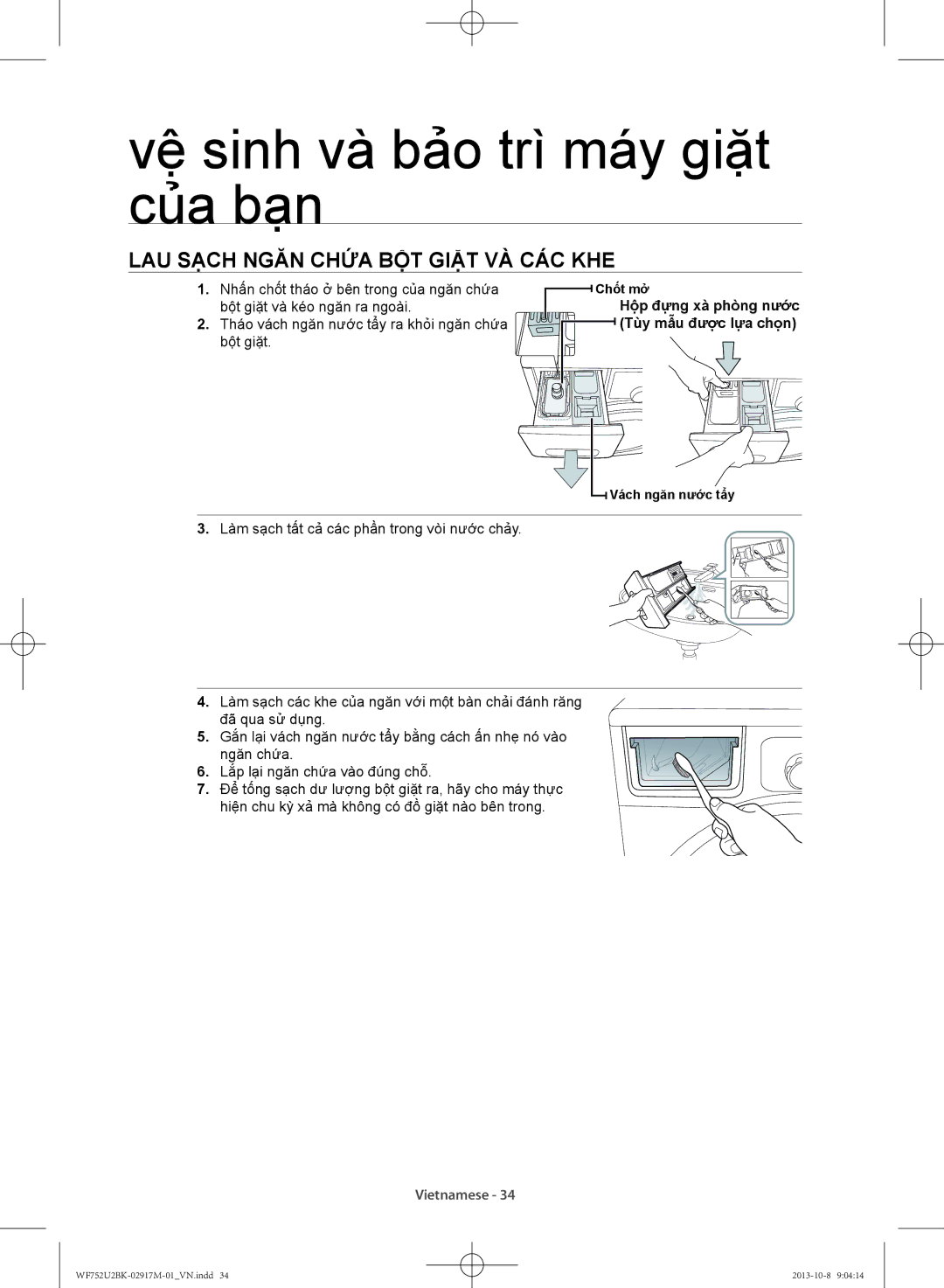 Samsung WF692U0BKWQ/SV manual Lau sạch ngăn chứa bột giặt và các khe, Hộ̣p đựng xà phò̀ng nước Tùy mẫu được lựa chọ̣n 