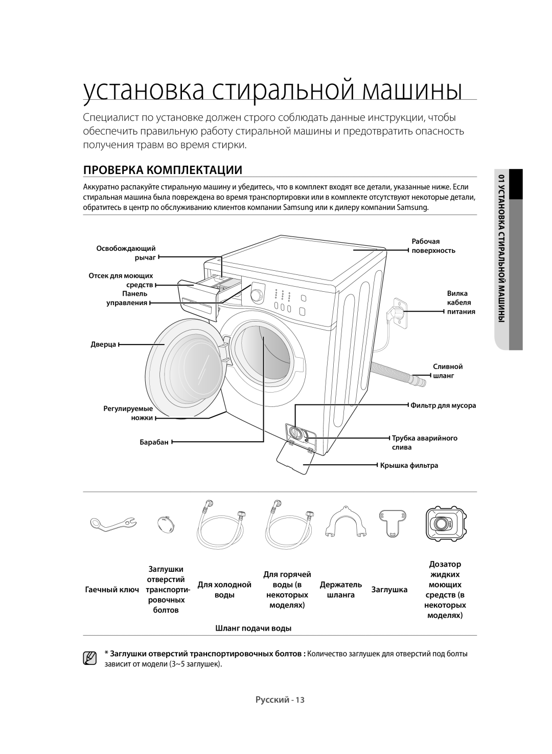 Samsung WF6HF1R0W0WDLP Проверка Комплектации, 01 установка, Стиральной машины, Гаечный ключ транспорти Заглушка Ровочных 