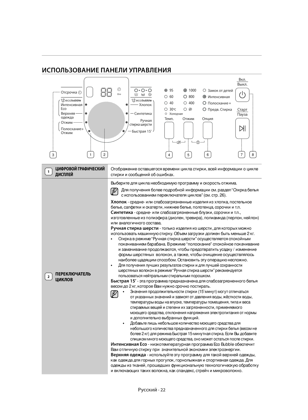 Samsung WF6RF1R0W0WDLP, WF6MF1R2W2WDLP, WF6HF1R0W0WDLP manual Использование Панели Управления, ПЕРЕклЮчАтЕль, ЦИклоВ 