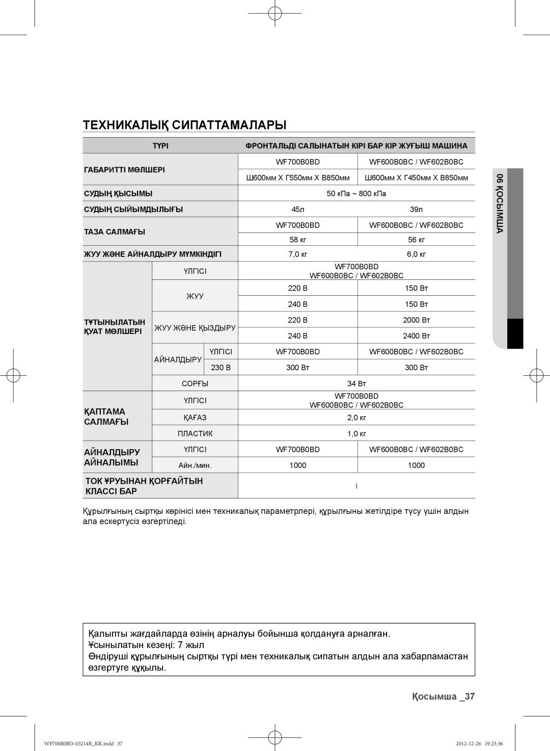 Samsung WF600B0BCWQDLP, WF700B0BDWQ/LP, WF700B0BDWQDLP, WF600B0BCWQ/LP manual Техникалық Сипаттамалары, Қосымша 