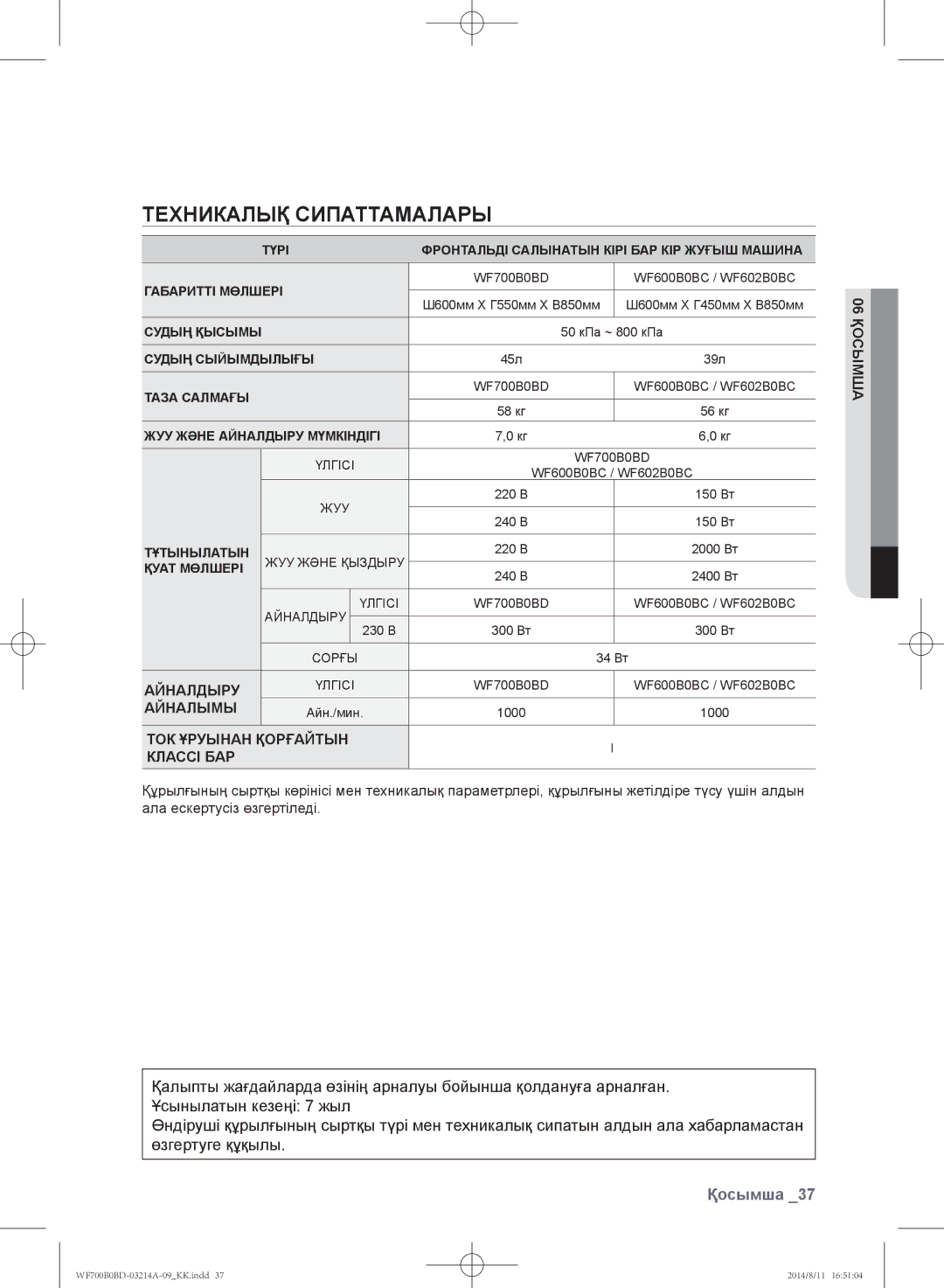 Samsung WF600B0BCWQDLP manual Техникалық сипаттамалары, Айналымы, ТОК Ұруынан Қорғайтын Классі БАР, 06 Қосымша 