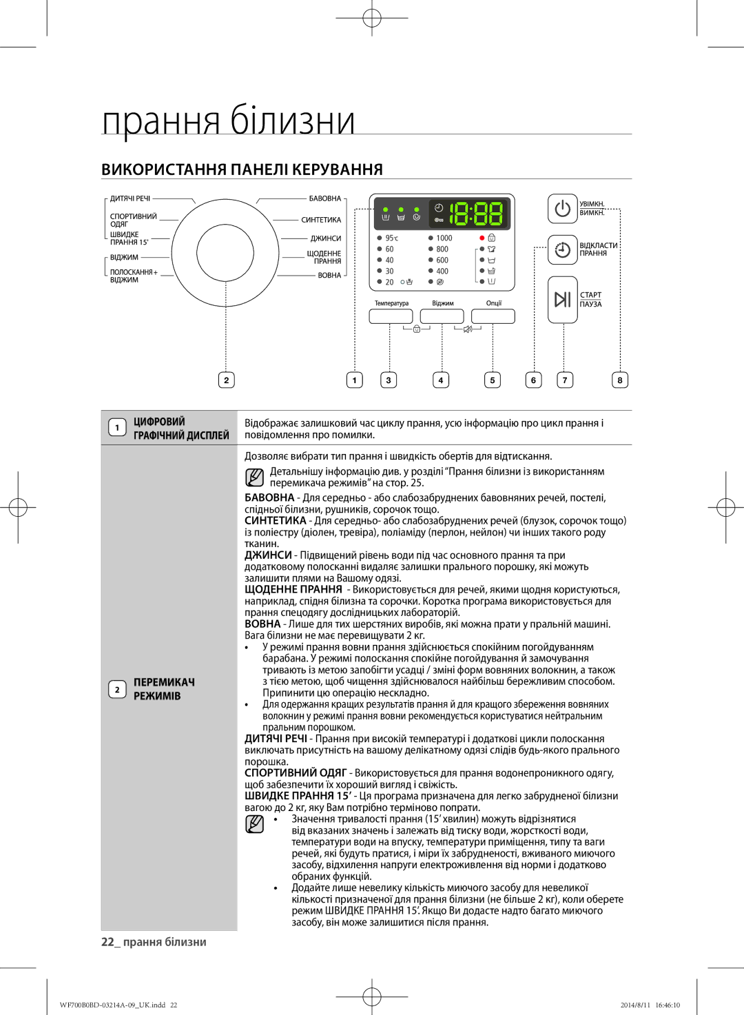 Samsung WF700B0BDWQDLP, WF700B0BDWQ/LP manual Використання панелі керування, 22 прання білизни, Цифровий, Перемикач, Режимів 