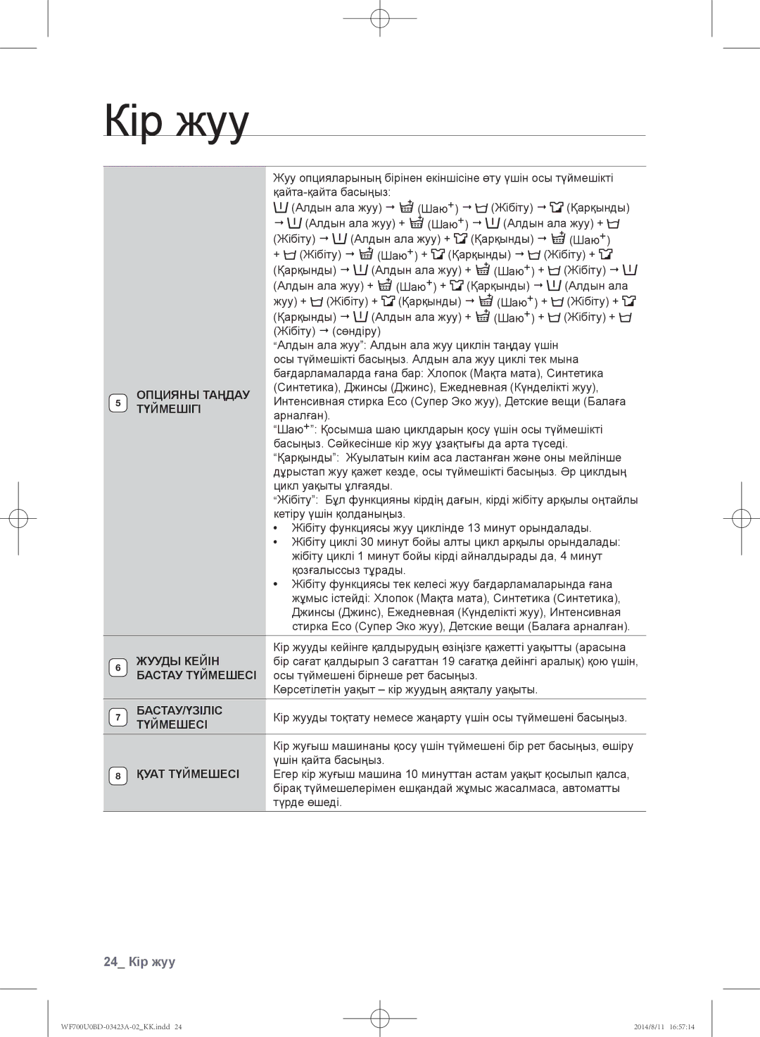 Samsung WF600U0BCWQ/LP, WF700U0BDWQ/LP, WF600U0BCWQDLP, WF700U0BDWQDLP, WF602U0BCSD/LP manual 24 Кір жуу 