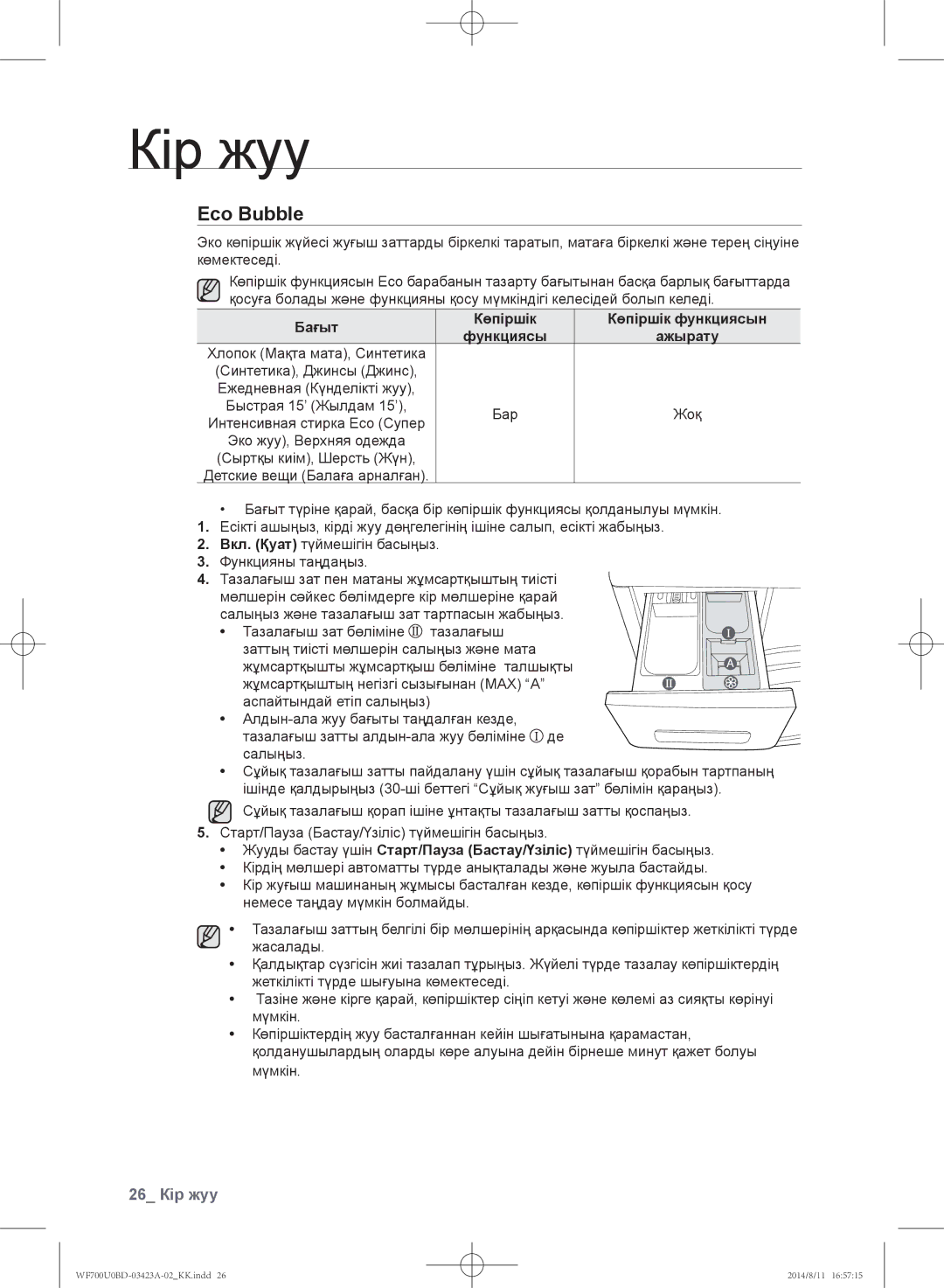 Samsung WF700U0BDWQ/LP 26 Кір жуу, Бағыт Көпіршік Көпіршік функциясын Функциясы Ажырату, Жоқ, Интенсивная стирка Eco Супер 