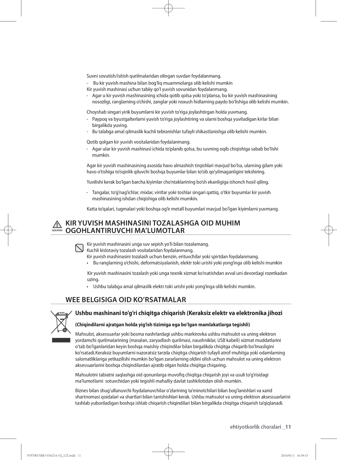 Samsung WF700U0BDWQDLP, WF700U0BDWQ/LP, WF600U0BCWQDLP, WF600U0BCWQ/LP, WF602U0BCSD/LP manual WEE belgisiga oid ko’rsatmalar 