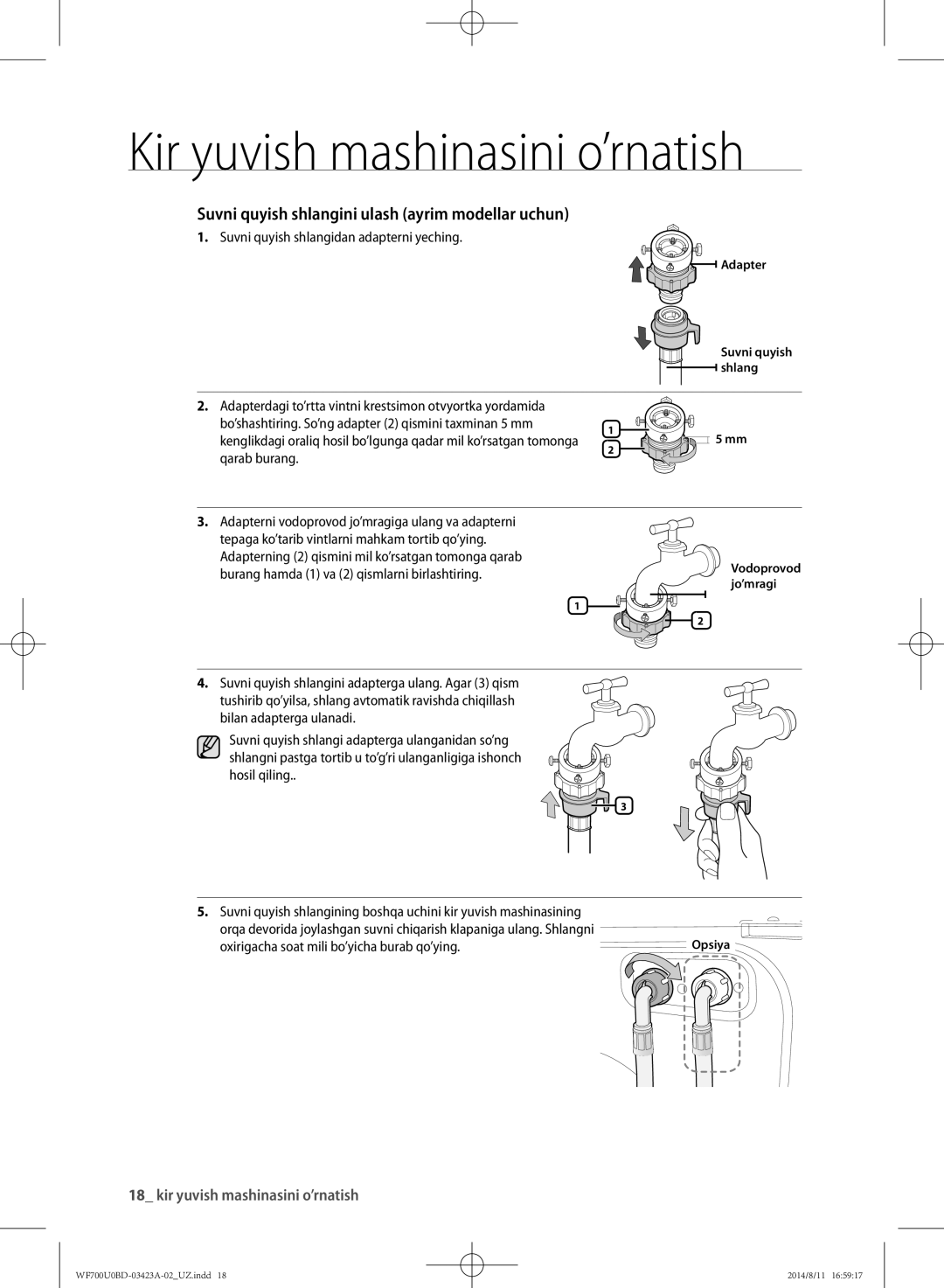 Samsung WF602U0BCSD/LP manual Suvni quyish shlangini ulash ayrim modellar uchun, Suvni quyish shlangidan adapterni yeching 