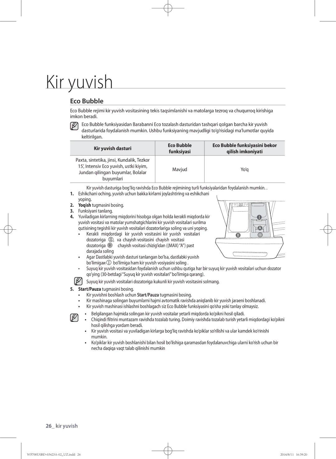 Samsung WF700U0BDWQDLP, WF700U0BDWQ/LP, WF600U0BCWQDLP manual Kir yuvish dasturi Eco Bubble, Eco Bubble funksiyasini bekor 