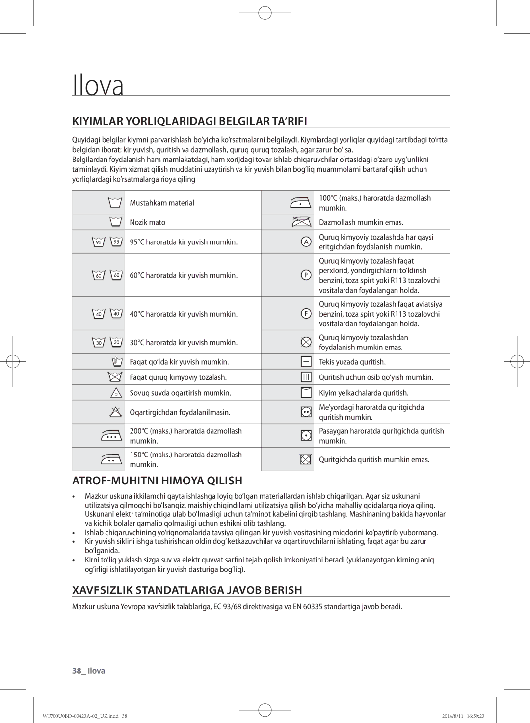 Samsung WF602U0BCSD/LP, WF700U0BDWQ/LP manual Ilova, Kiyimlar Yorliqlaridagi Belgilar TA’RIFI, ATROF-MUHITNI Himoya Qilish 