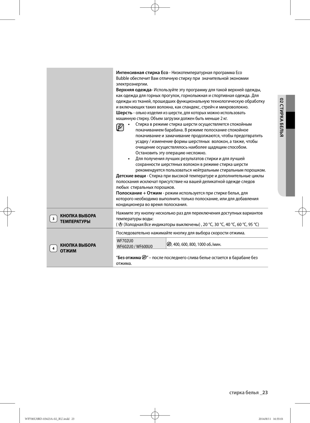 Samsung WF600U0BCWQ/LP, WF700U0BDWQ/LP, WF600U0BCWQDLP, WF700U0BDWQDLP, WF602U0BCSD/LP manual Кнопка Выбора, Температуры, Отжим 