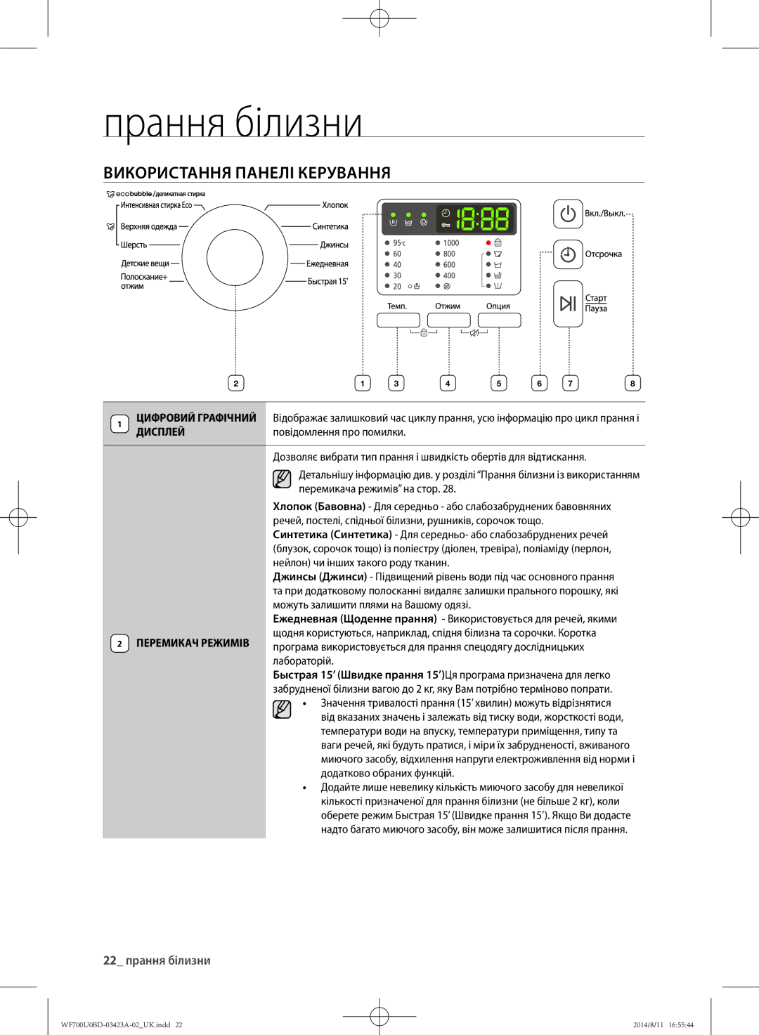 Samsung WF602U0BCSD/LP, WF700U0BDWQ/LP, WF600U0BCWQDLP Використання панелі керування, 22 прання білизни, Перемикач Режимів 