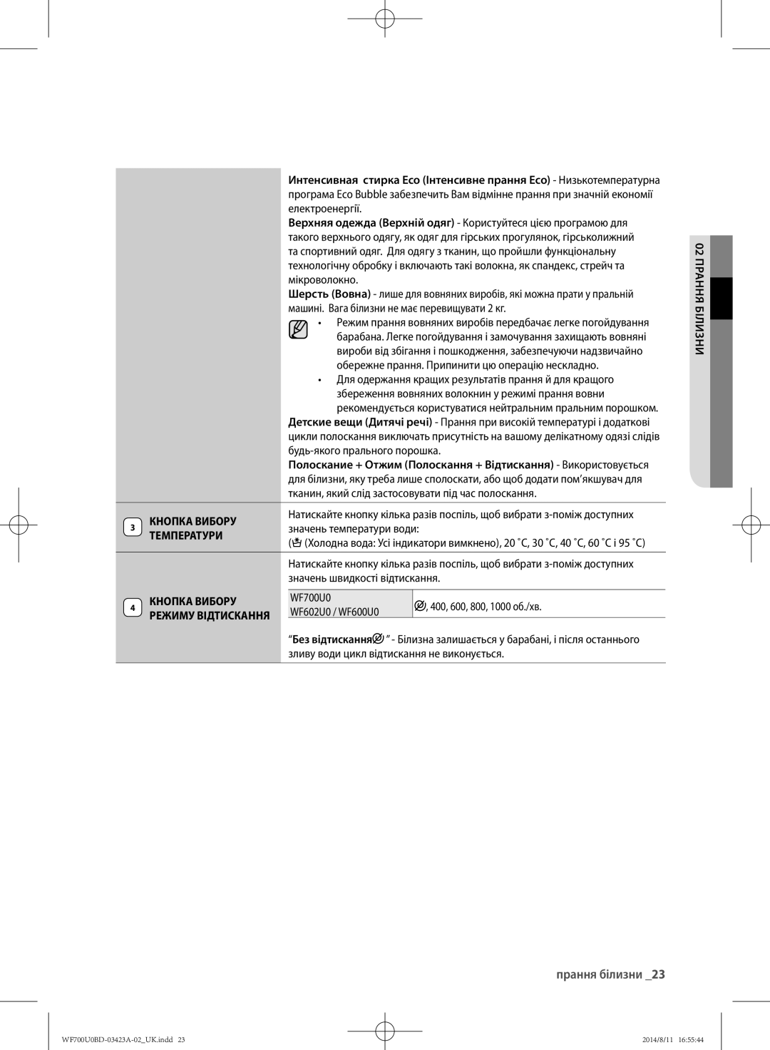 Samsung WF700U0BDWQ/LP, WF600U0BCWQDLP, WF700U0BDWQDLP, WF600U0BCWQ/LP, WF602U0BCSD/LP manual Кнопка Вибору, Температури 