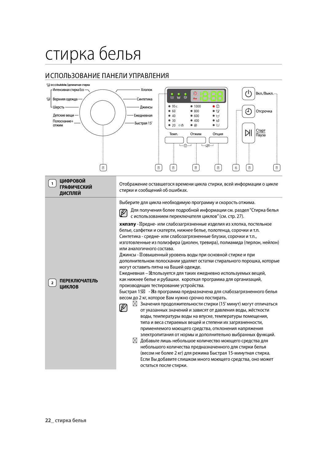 Samsung WF700U0BDWQDLP, WF700U0BDWQ/LP, WF600U0BCWQDLP, WF600U0BCWQ/LP manual Использование Панели Управления 