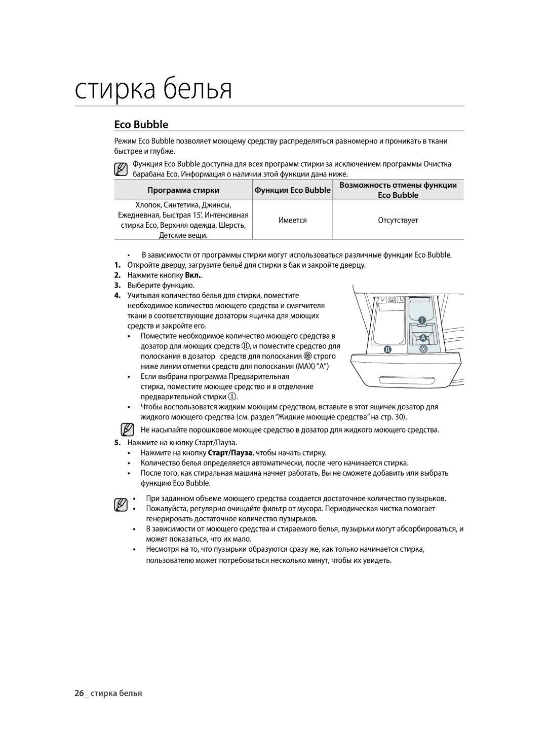 Samsung WF700U0BDWQDLP, WF700U0BDWQ/LP, WF600U0BCWQDLP Программа стирки, Функция Eco Bubble Возможность отмены функции 