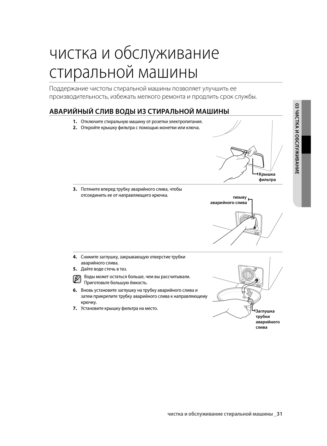 Samsung WF600U0BCWQ/LP Аварийный Слив Воды ИЗ Стиральной Машины, Потяните вперед трубку аварийного слива, чтобы, Трубка 