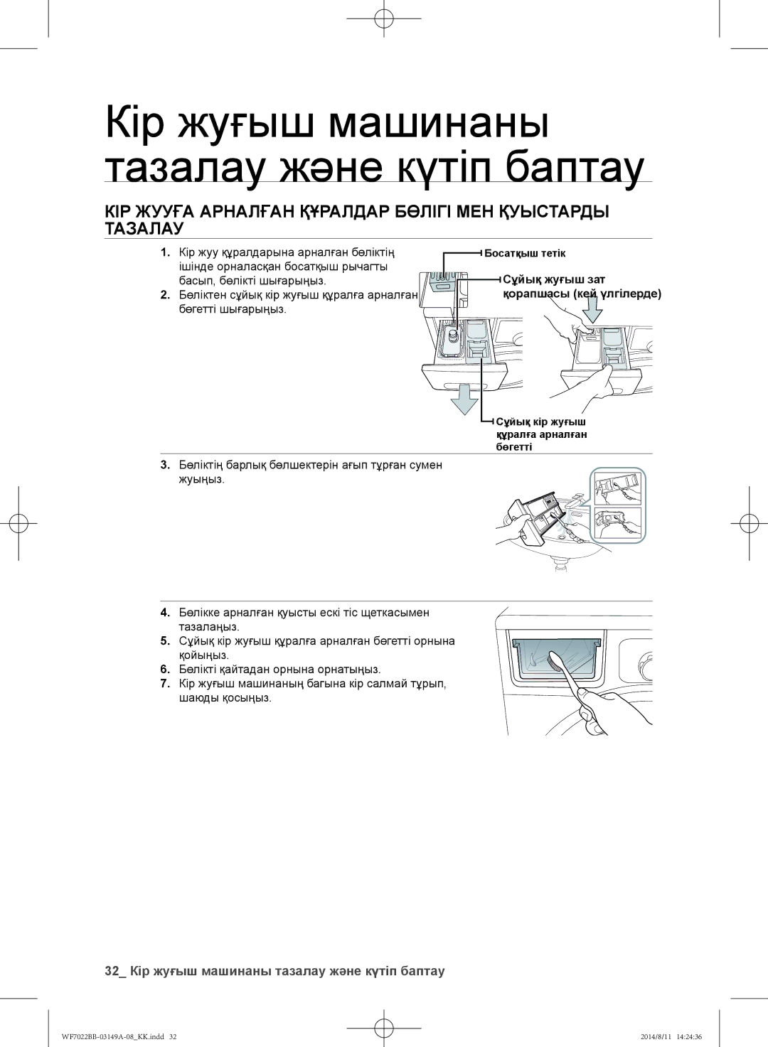 Samsung WF702B2BBWQDLP Кір жууға арналған құралдар бөлігі мен қуыстарды тазалау, Сұйық жуғыш зат қорапшасы кей үлгілерде 