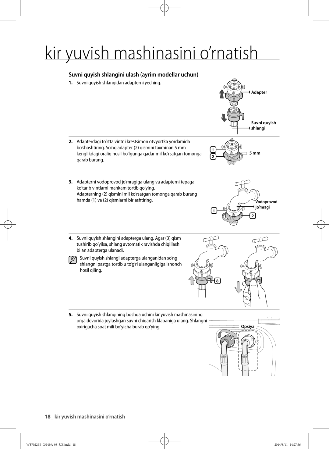 Samsung WF702B2BBWQDLP manual Suvni quyish shlangini ulash ayrim modellar uchun, Suvni quyish shlangidan adapterni yeching 