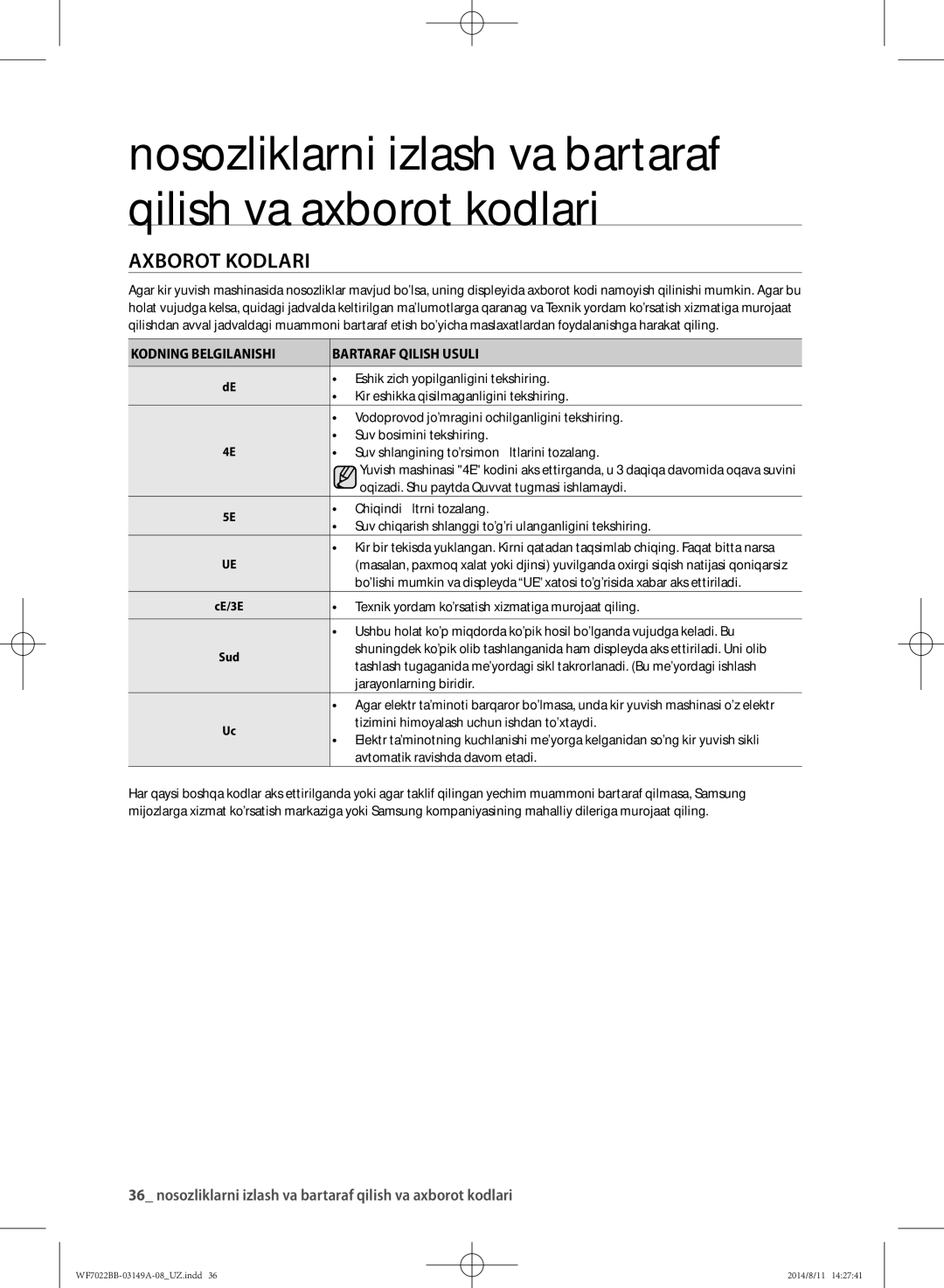 Samsung WF602B2BKWQDLP, WF702B2BBWQDLP, WF602B2BKSD/LP manual Axborot kodlari, Kodning Belgilanishi Bartaraf Qilish Usuli 