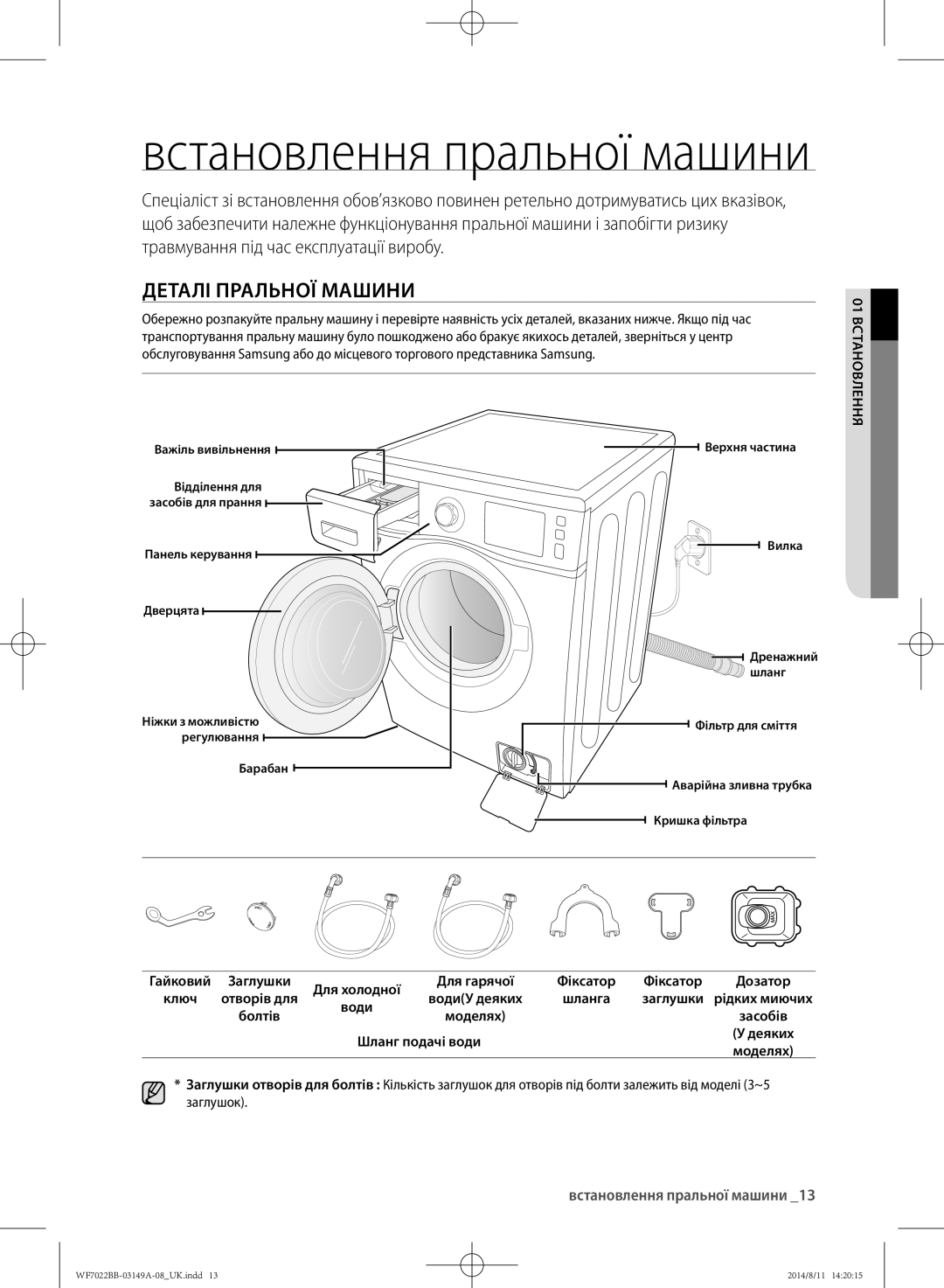 Samsung WF602B2BKWQ/LP manual Деталі пральної машини, Встановлення пральної машини, 01 встановлення, Шланг подачі води 