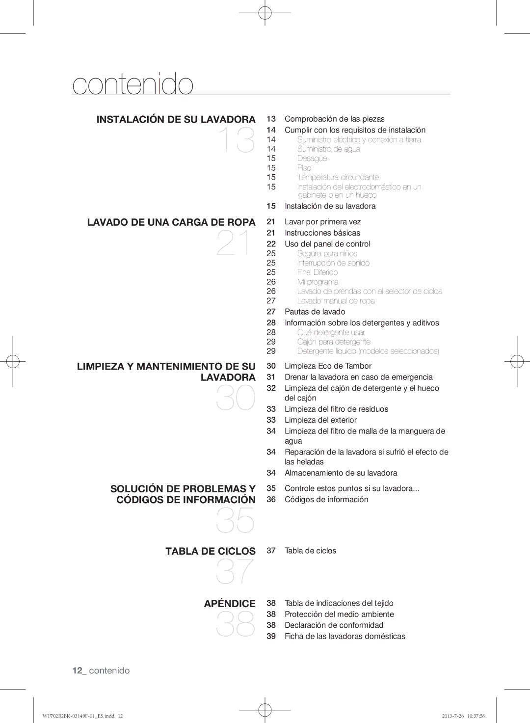 Samsung WF702B2BKWQ/EC manual Contenido, Tabla de ciclos, Tabla de indicaciones del tejido, Protección del medio ambiente 