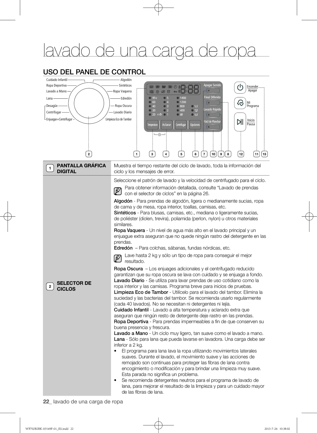 Samsung WF700B4BKWQ/EC, WF702B2BKWQ/EC, WF700B2BKWQ/EC manual Uso del panel de control 