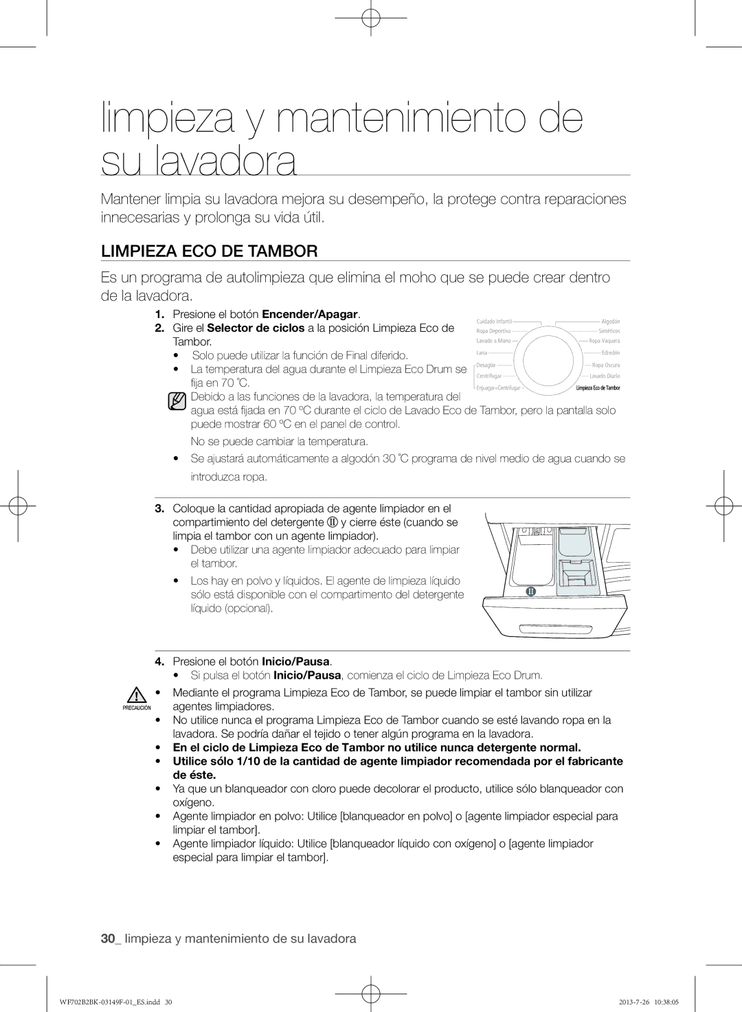 Samsung WF702B2BKWQ/EC, WF700B4BKWQ/EC, WF700B2BKWQ/EC manual Limpieza y mantenimiento de su lavadora, Limpieza Eco de Tambor 