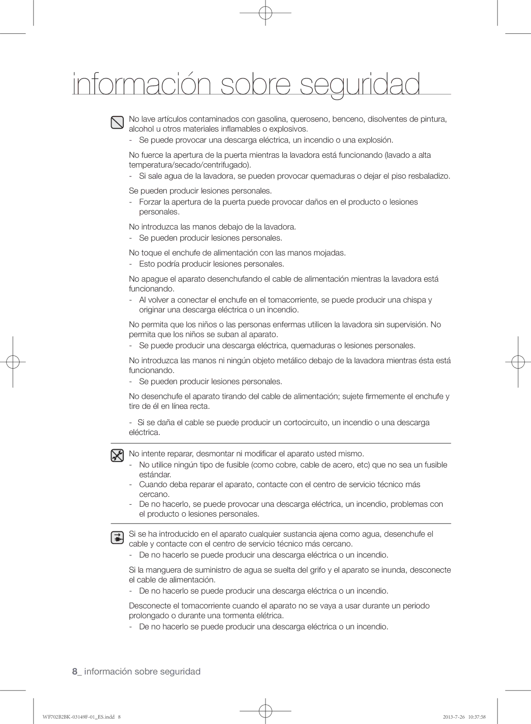 Samsung WF700B2BKWQ/EC, WF702B2BKWQ/EC, WF700B4BKWQ/EC manual Información sobre seguridad 