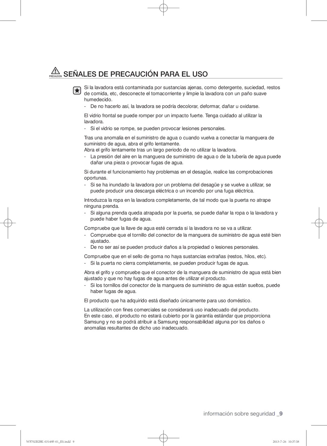 Samsung WF702B2BKWQ/EC, WF700B4BKWQ/EC, WF700B2BKWQ/EC manual Precaución Señales DE Precaución Para EL USO 