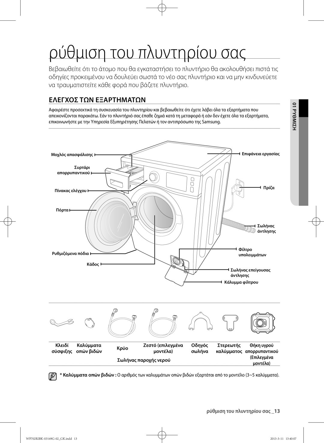 Samsung WF700B2BKWQ/LV manual Ρύθμιση του πλυντηρίου σας, Еλεγχος των εξαρτημάτων, 01 ρύθμιση, Σωλήνας παροχής νερού 