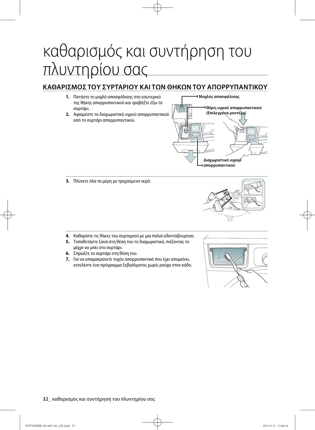 Samsung WF702B2BKWQ/LV, WF700B2BKWQ/LV manual Καθαρισμός του συρταριού και των θηκών του απορρυπαντικού 