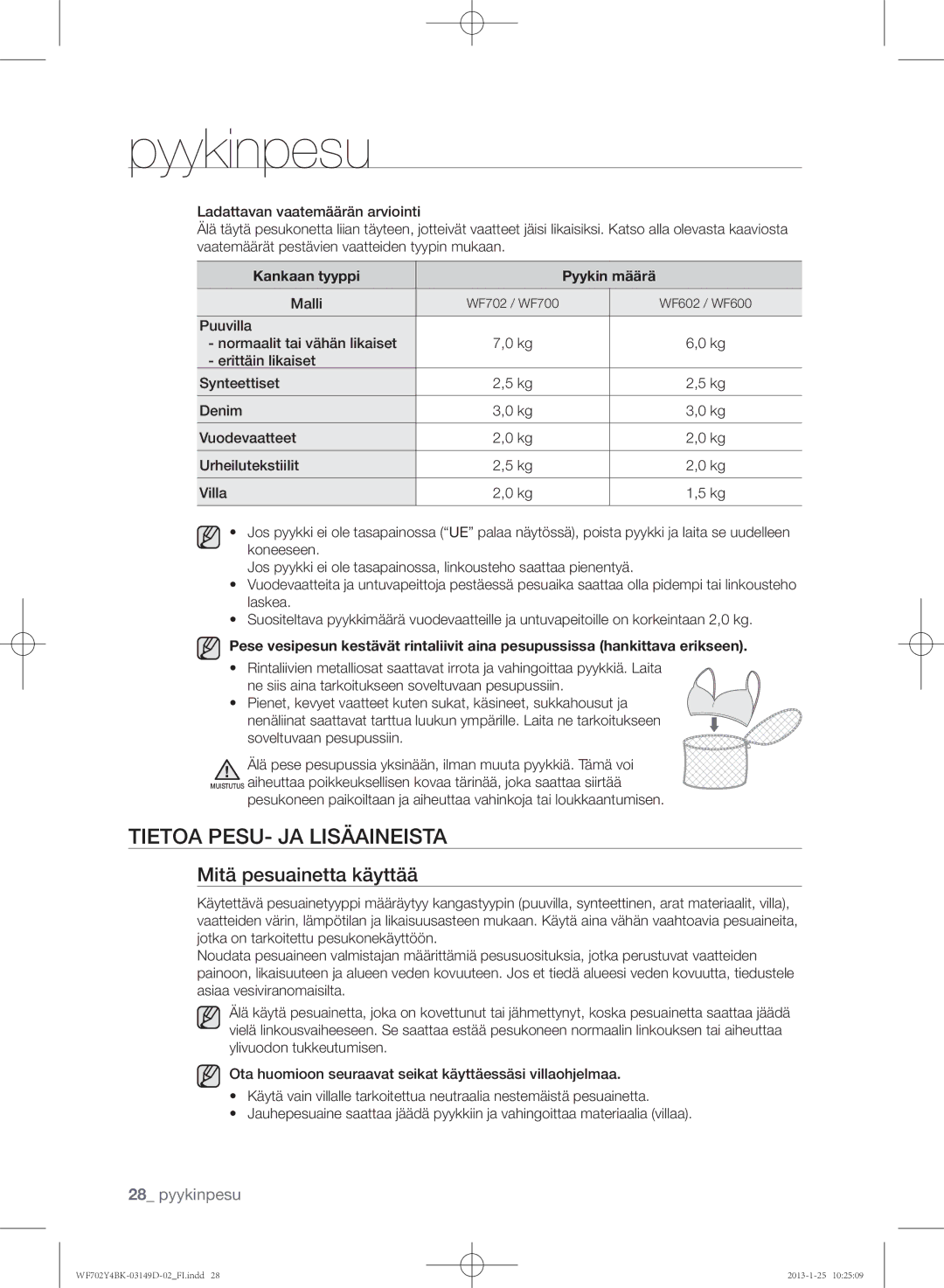 Samsung WF600B4BKWQ/EE manual Tietoa pesu- ja lisäaineista, Mitä pesuainetta käyttää, Kankaan tyyppi Pyykin määrä, Malli 