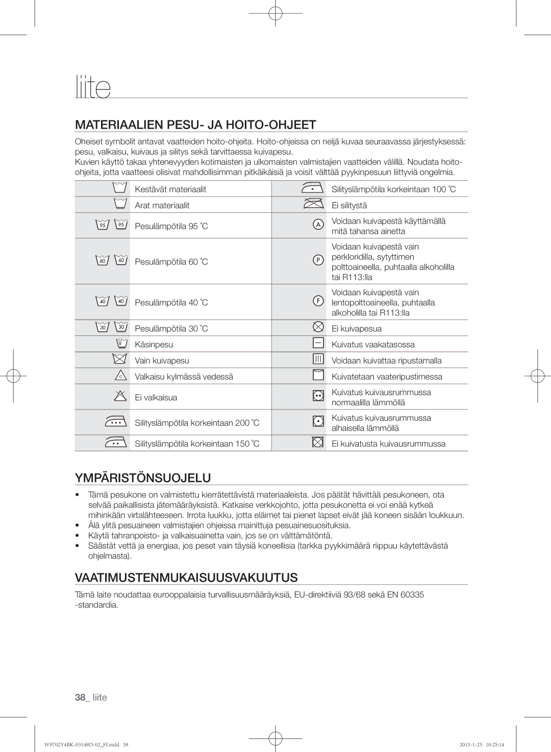 Samsung WF702B4BKWQ/EE manual Liite, Materiaalien pesu- ja hoito-ohjeet, Ympäristönsuojelu, Vaatimustenmukaisuusvakuutus 